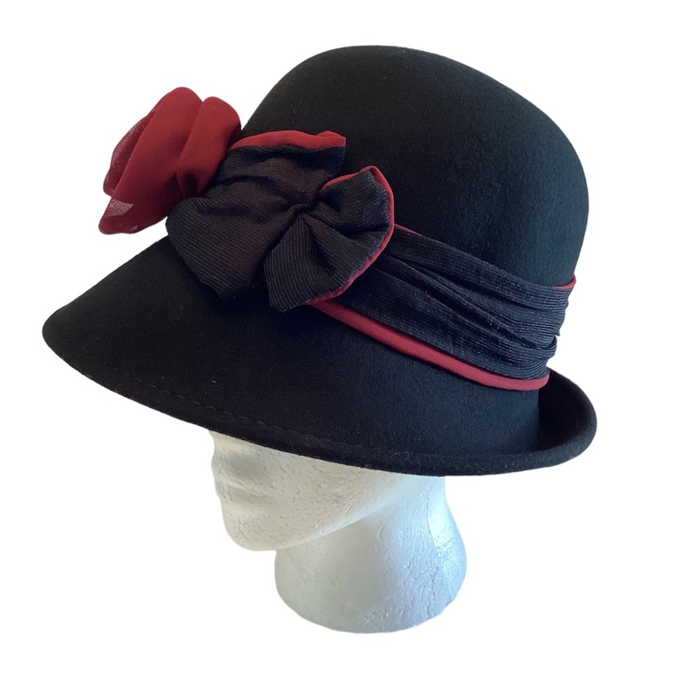 John Callahan felted wool cloche hat with bow and flower trim